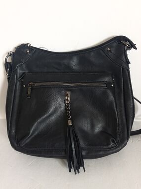 Black Faux Leather Tassel Crossbody Shoulder Bag